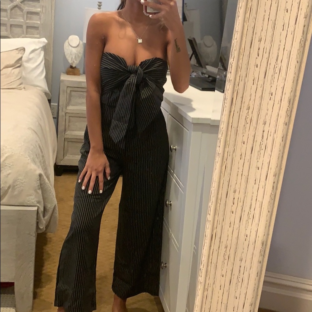 Striped tie front jumpsuit strapless